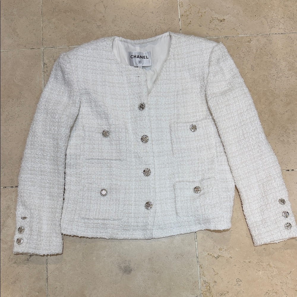Vintage Ivory Tweed Blazer with Button Details